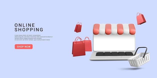 Banner de tienda con bolsas de regalo de carro de producto portátil 3d ilustración vectorial realista