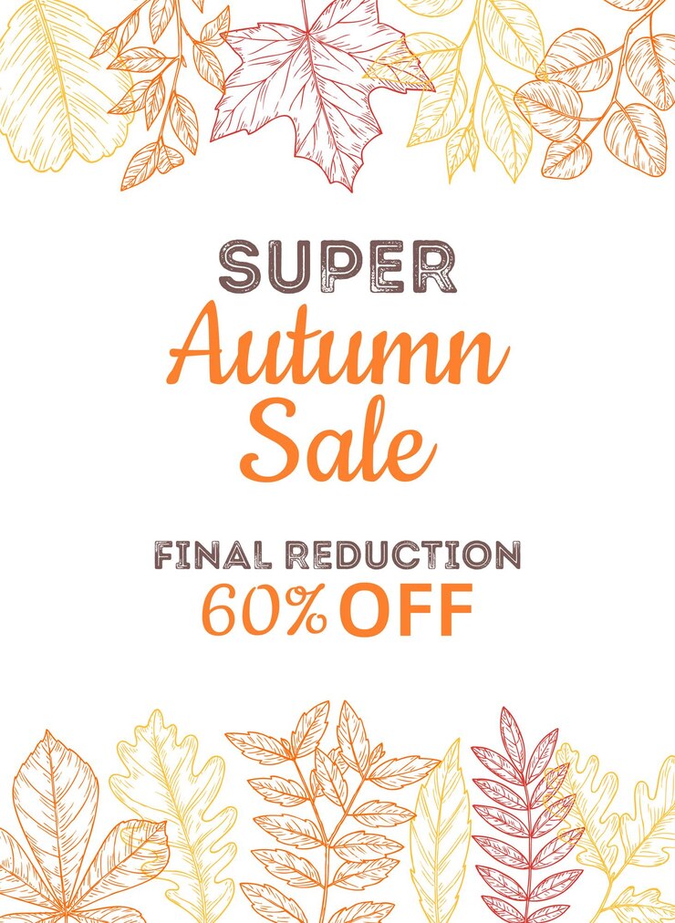Vector banner de tienda de descuento cartel de otoño de venta precios súper especiales con hojas de colores de boceto fondo de vector de publicidad de compras de hoja de arce de roble amarillo