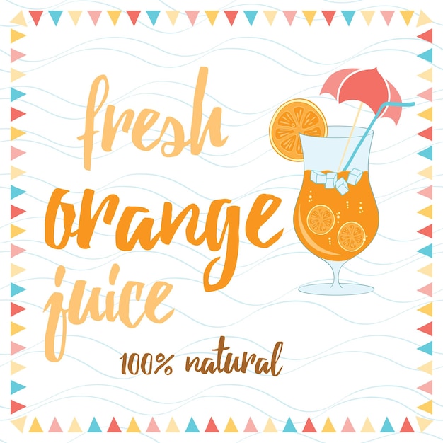 Vector banner tipográfico con bokal de jugo de naranja rodaja de naranja y texto fresh orange juice