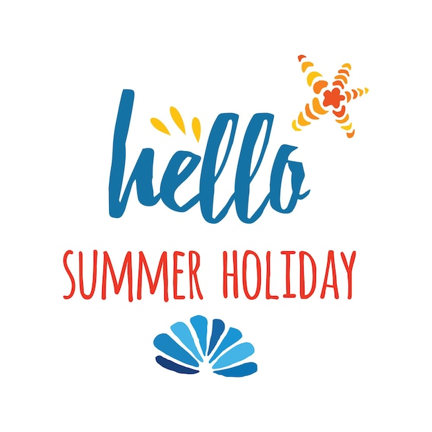 Banner tipográfico divertido con conchas marinas de colores dibujadas a mano y texto hola vacaciones de verano en blanco