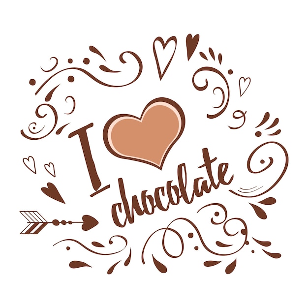 Banner tipográfico vectorial Me encanta el adorno dibujado a mano abstracto decorado con chocolate en colores chocolate marrón
