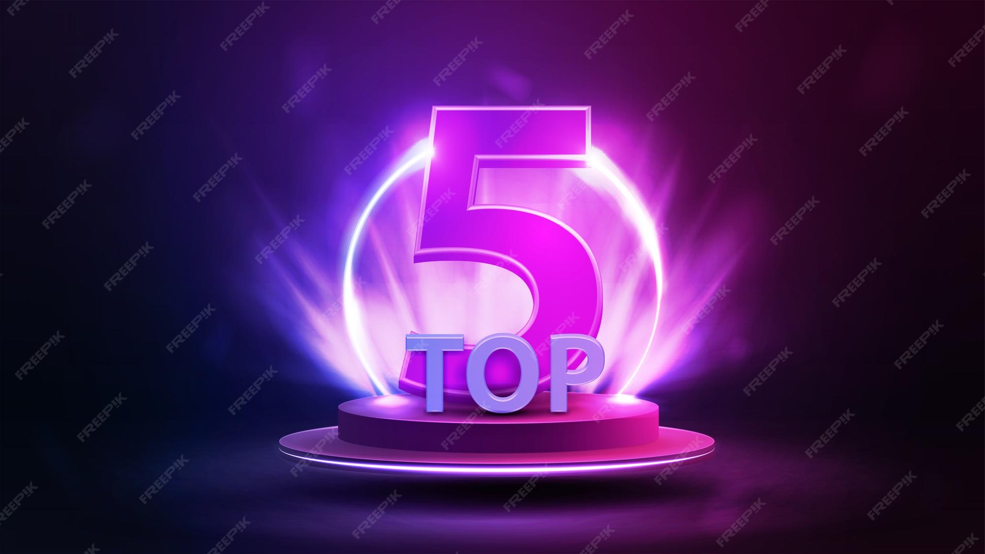 Banner top 5 con podio flotando en el aire con anillo de neón degradado