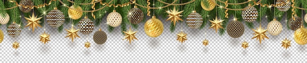 Vector banner transparente con decoración navideña dorada y ramas de árboles de navidad