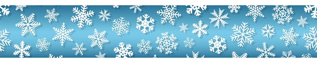 Banner transparente horizontal de navidad de copos de nieve de diferentes formas y tamaños con sombras. blanco sobre celeste.