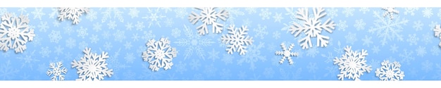 Banner transparente de Navidad con copos de nieve blancos con sombras sobre fondo azul claro