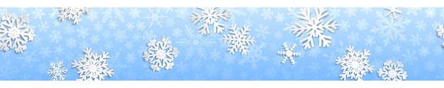 Vector banner transparente de navidad con copos de nieve blancos con sombras sobre fondo azul claro