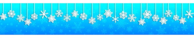 Banner transparente de navidad con copos de nieve colgantes blancos con sombras sobre fondo azul claro