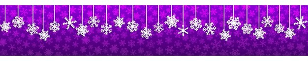 Banner transparente de Navidad con copos de nieve colgantes blancos con sombras sobre fondo púrpura