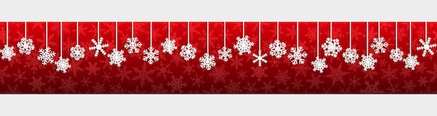 Banner transparente de navidad con copos de nieve colgantes blancos con sombras sobre fondo rojo.