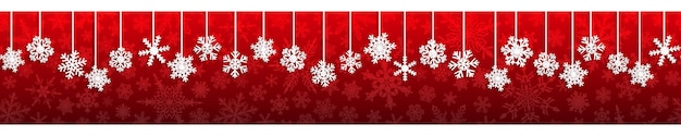 Banner transparente de Navidad con copos de nieve colgantes blancos con sombras sobre fondo rojo.