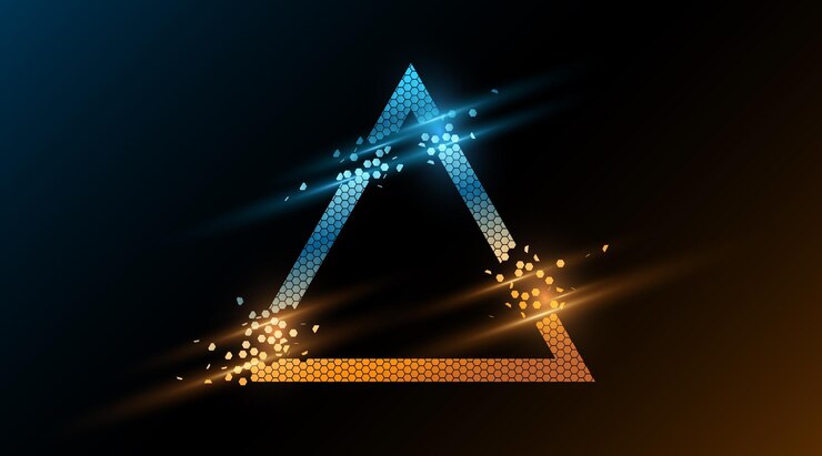 Vector banner triangular brillante futurista de hexágonos desmoronados con efecto de luz sobre fondo oscuro triángulo desintegrado abstracto banner digital ilustración vectorial