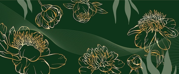 Banner con tulipanes con flores doradasgrabado fondo verde floral