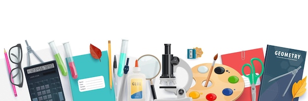 Banner de útiles escolares con borde de elemento educativo