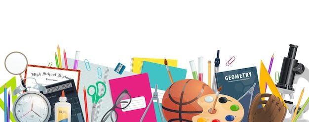 Banner de útiles escolares con borde de elemento educativo