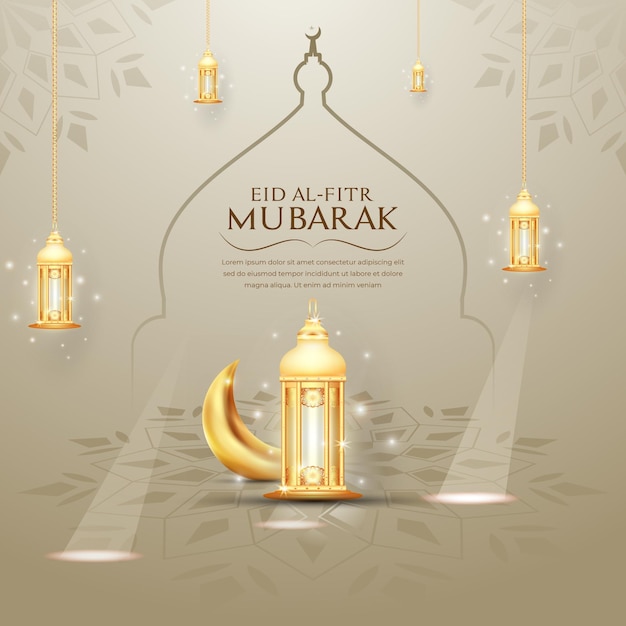 Banner de vacaciones de eid mubarak realista con decoración islámica