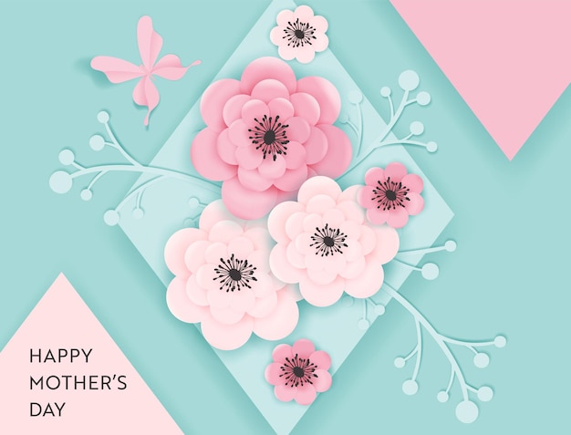 Banner de vacaciones feliz día de las madres. Tarjeta de felicitación del día de la madre Hola primavera Diseño de corte de papel con flores y postal de tipografía de mariposa. Ilustración vectorial