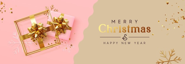 Banner de vacaciones Feliz Navidad y Feliz Año Nuevo. Diseño de Navidad con objetos festivos realistas, regalo realista, cubo hueco en forma de regalo 3d, copo de nieve, confeti dorado brillante. Cartel horizontal festivo