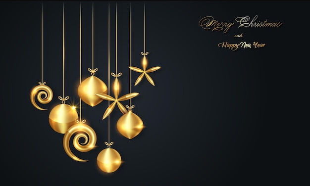 Banner de vacaciones de lujo de Navidad con tarjeta de Feliz Navidad y Feliz Año Nuevo escrita a mano en oro