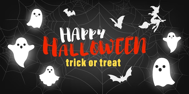 Banner de vacaciones con texto Feliz Halloween, Trick or Treat para promoción, en línea, publicidad de moda