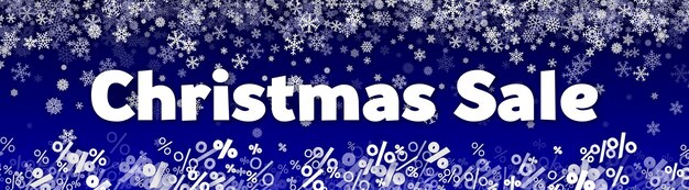 Banner de vacaciones de venta de Navidad con nieve y signos de porcentaje