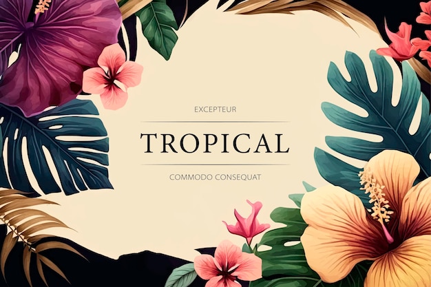 Banner de vacaciones de verano de plantas y flores de acuarela tropical