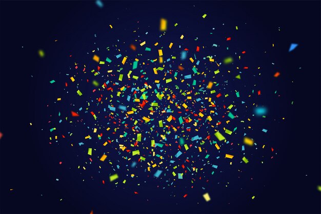 Banner de vacaciones con volar confeti de colores sobre fondo azul oscuro