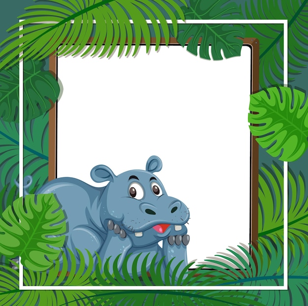 Banner vacío con marco de hojas tropicales y personaje de dibujos animados de hipopótamo