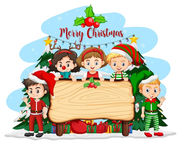 Banner vacío en tema de navidad con niños en traje de navidad