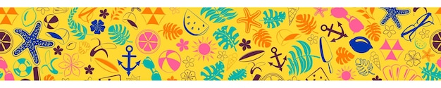 Banner de varios artículos relacionados con las vacaciones de verano en el mar multicolor sobre fondo amarillo con repetición horizontal sin costuras