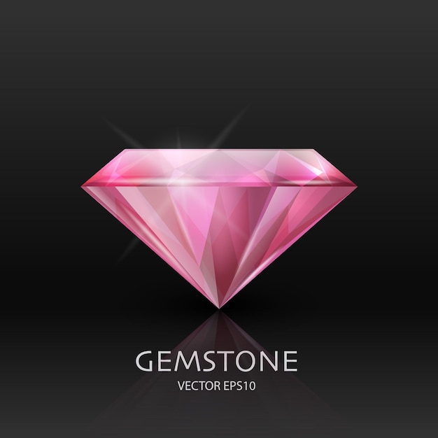 Banner de vector con 3d realista rosa transparente piedra preciosa diamante cristal pedrería primer plano en negro jewerly concepto diseño plantilla clipart vista lateral