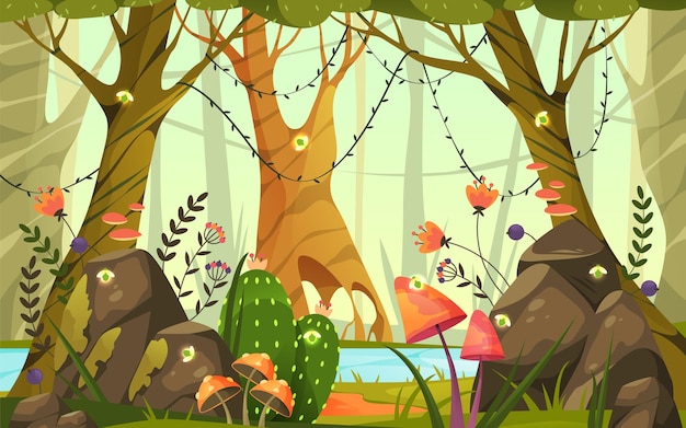 Banner de vector de bosque encantado o bosque mágico