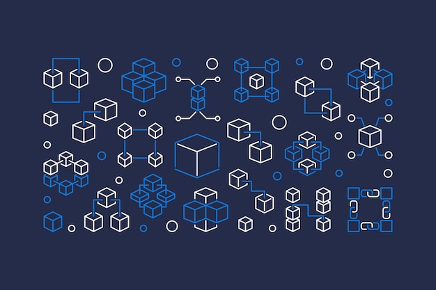 Banner de vector de contorno azul de concepto de tecnología blockchain