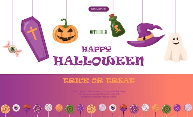 Banner de vector para el diseño de plantillas de dibujos animados de halloween para anuncios, ventas, invitaciones a fiestas