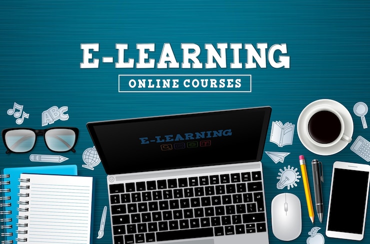 Vector banner de vector de educación en línea de elearning texto de cursos en línea de elearning con computadora portátil