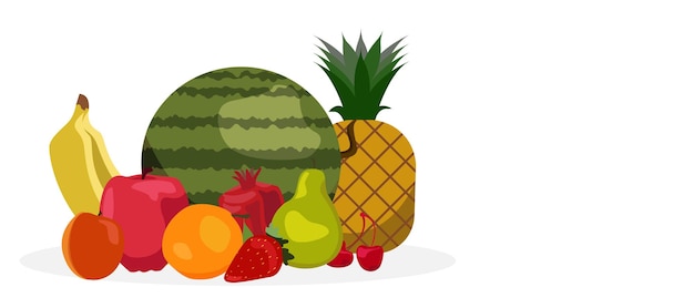 Banner de vector de frutas y bayas con fondo blanco Conjunto de comida vegetariana Fresas plátano y granada Ilustración de fruta Piña o manzana naranja Sandía albaricoque pera cereza