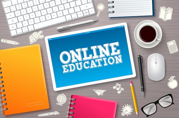Banner de vector de ganancias de educación en línea Texto de educación en línea de aprendizaje electrónico en pantalla de tabletas