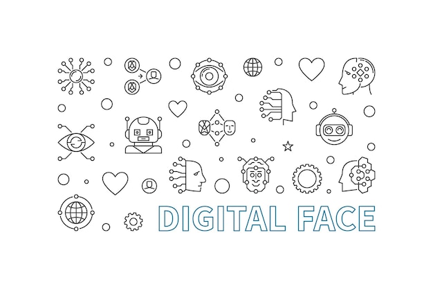 Banner de vector horizontal de línea de cara digital ilustración de tecnología ai bot