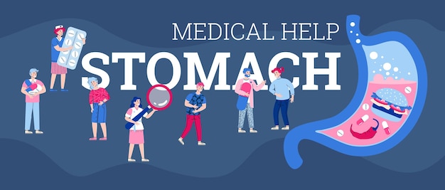 Banner de vector con médicos que brindan ayuda médica para personas con dolor de estómago