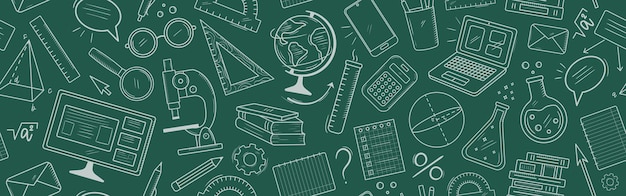 Banner de vector con símbolos de educación en línea Fondo transparente con garabatos de química física matemática