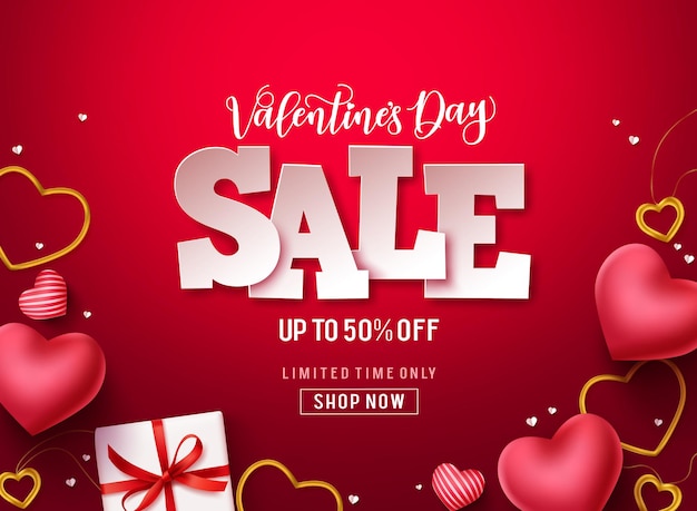 Banner de vector de venta de día de san valentín texto de descuento de venta de día de san valentín con regalos de corazones y joyas