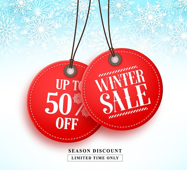 Banner de vector de venta de invierno con dos etiquetas de venta roja colgando en fondo de nieve blanca