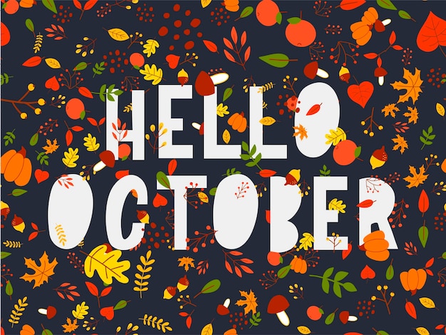 Banner de vector de venta de texto de letras de octubre con coloridas hojas de otoño