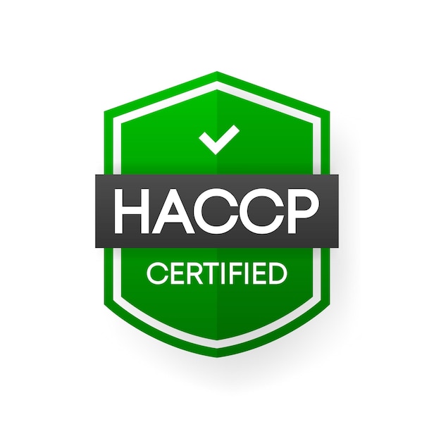 Banner de vector verde certificado HACCP. Etiqueta de certificación plana aislada sobre fondo blanco. Ilustración vectorial.