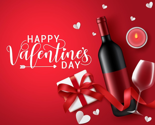 Banner de vector de vino de citas de san valentín texto de saludo de feliz día de san valentín con champán de citas