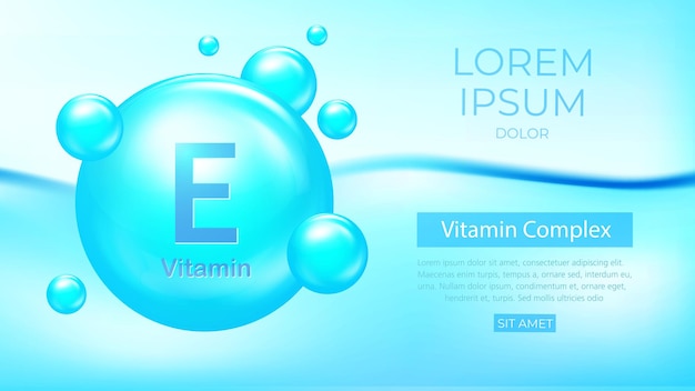 Banner de vector de vitamina E en estilo 3d Icono de cápsula de píldora azul Anuncio de complejo de vitamina
