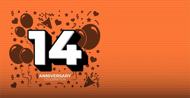 Banner vectorial de 14 años o cumpleaños en blanco y negro con espacio de copia naranja personalizable