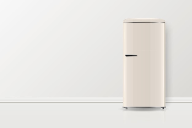 Vector banner vectorial con 3d realista beige retro vintage frigorífico aislado vertical simple frigorífico cerrado frigorífico plantilla de diseño maqueta de frigorífico vista frontal