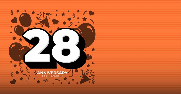 Vector banner vectorial de aniversario o cumpleaños de 28 años en blanco y negro con espacio de copia naranja personalizable