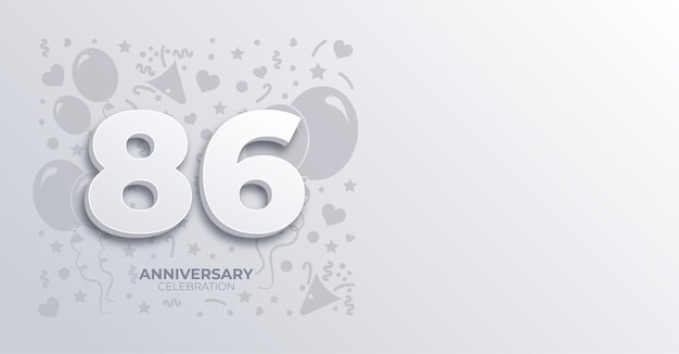 Banner vectorial blanco de aniversario o cumpleaños del año 86 con espacio de copia personalizable
