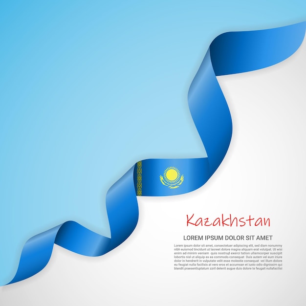 Banner vectorial en colores blanco y azul y cinta ondeante con bandera de Kazajstán para folletos, logotipo